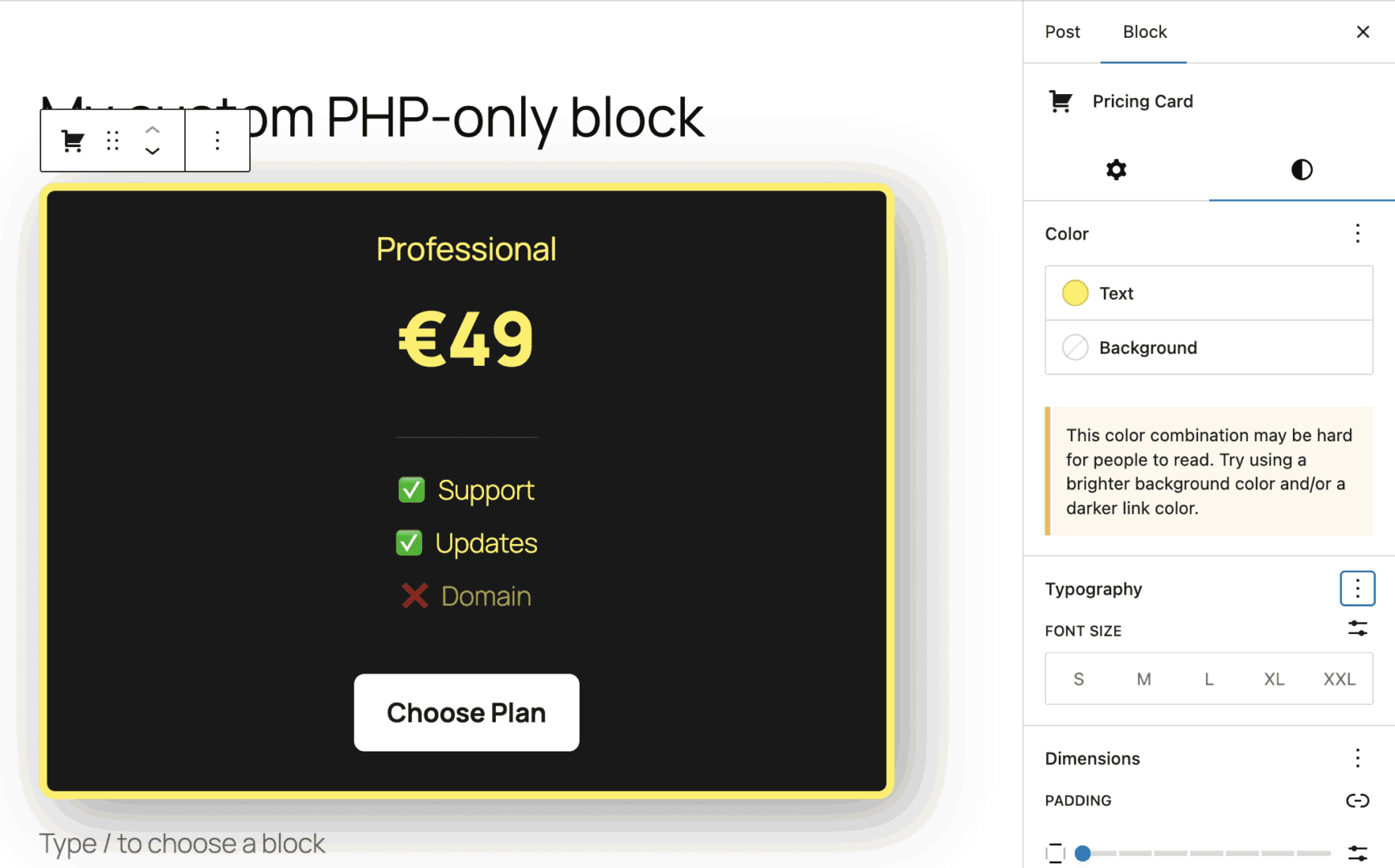The dark theme of the PHP-only block with custom colors