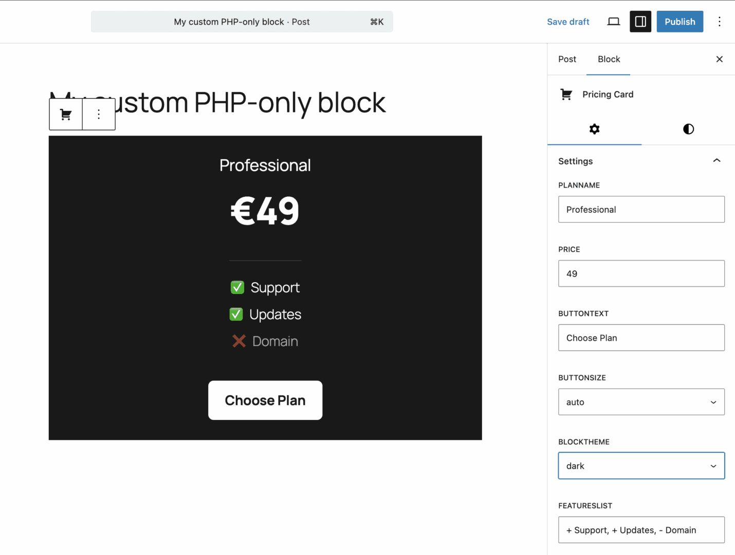 The PHP-only block with block settings