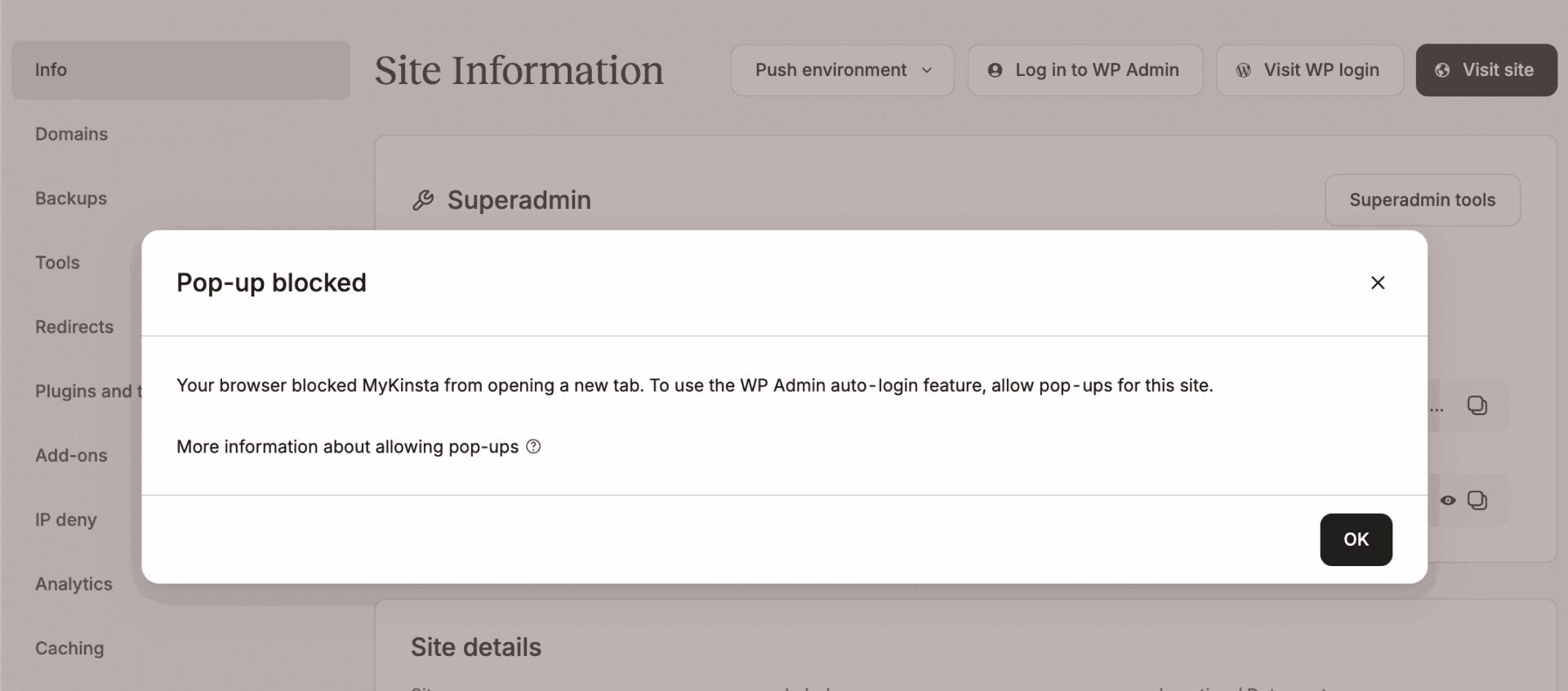 Pop-up blocked in MyKinsta.