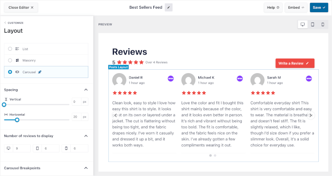 Reviews Feed's live customizer