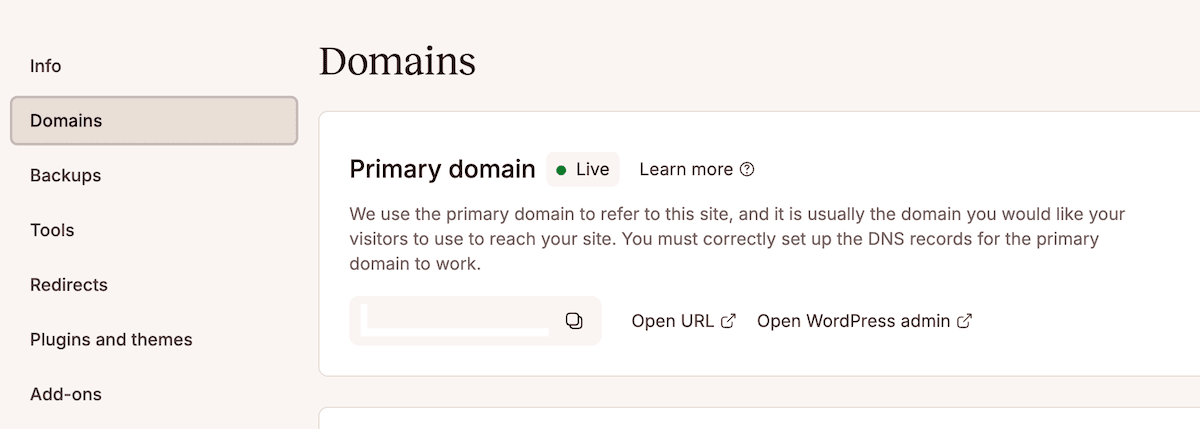 The MyKinsta dashboard showing the Primary domain panel on the Domains tab.