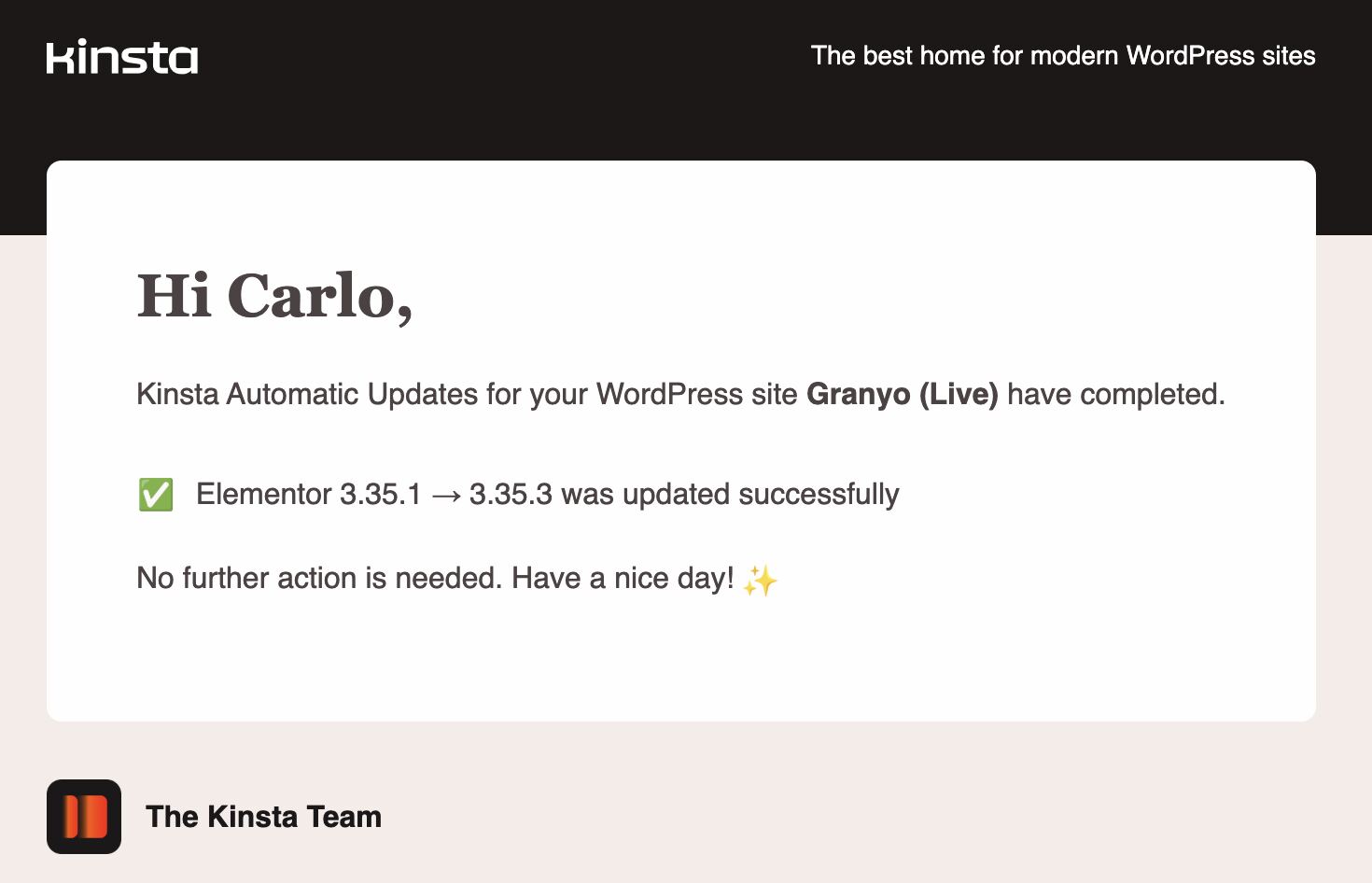 Successful automatic update notification