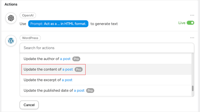 Uncanny Automator Action to Update the Contents of a Post