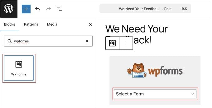 Adding the WPForms Block to a Post or Page