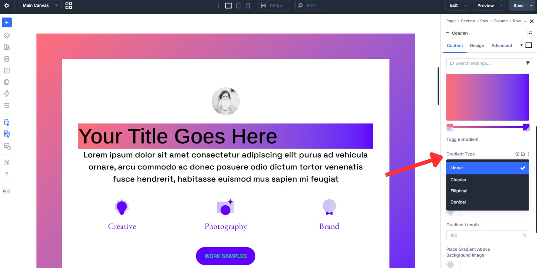 Changing the gradient type in Divi 5