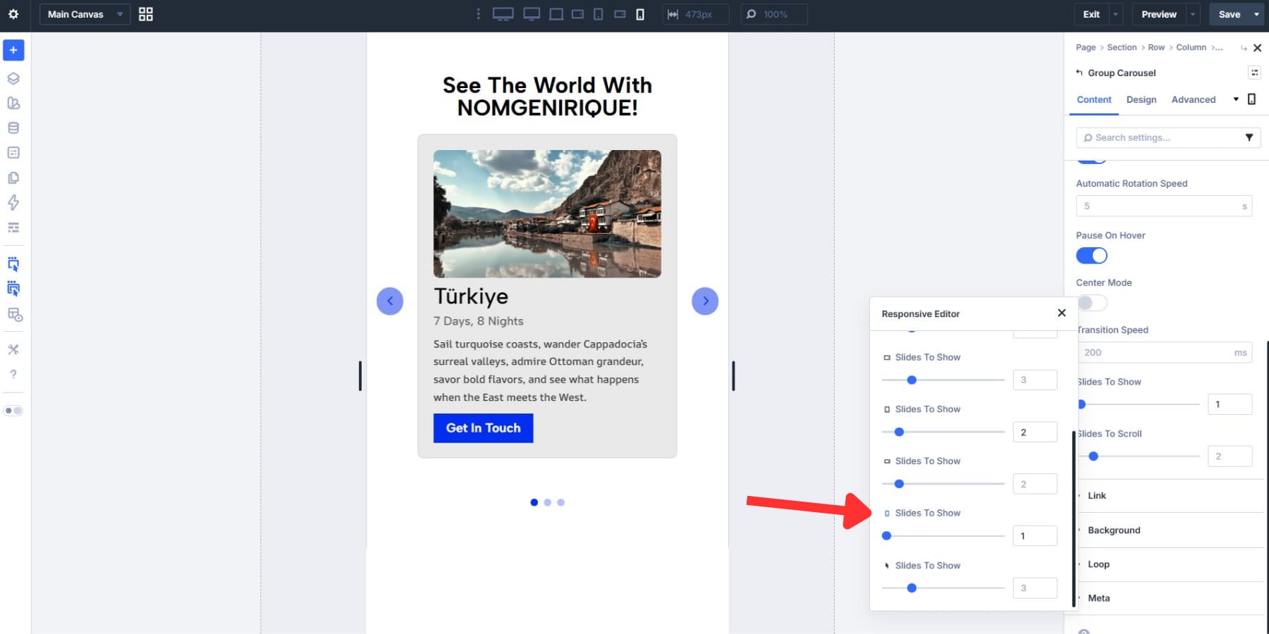 A screenshot of setting Slides to Show to 1 for mobile screens in the Responsive Editor in Divi 5