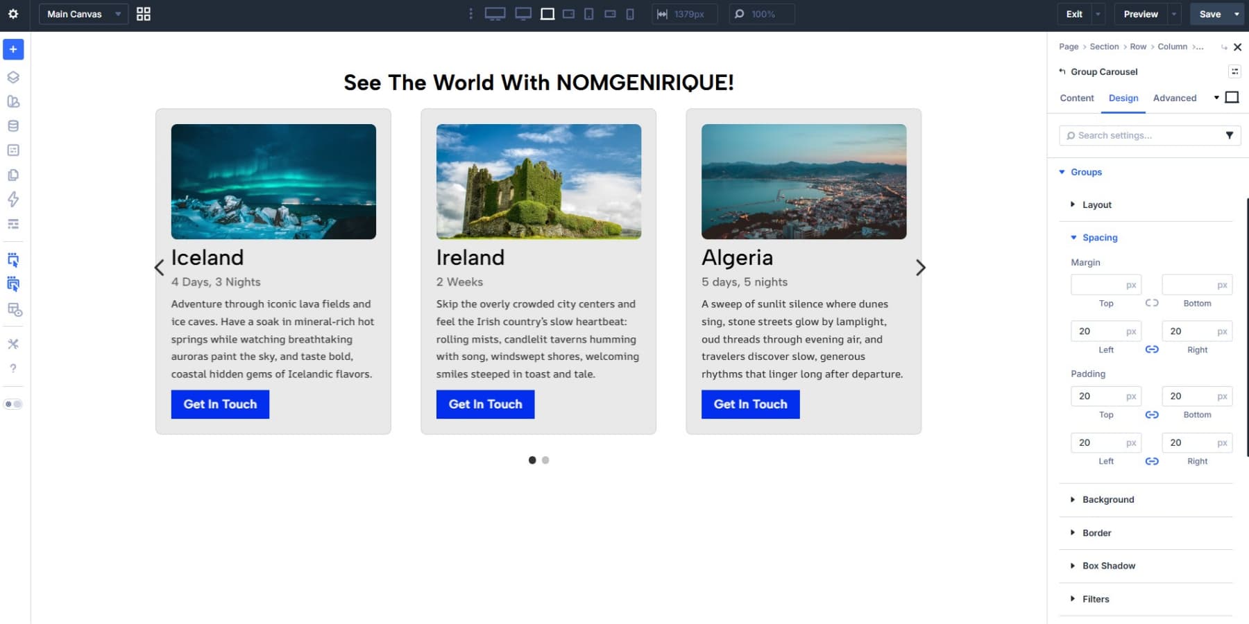 A screenshot of applying spacing to Groups under Group Carousel settings