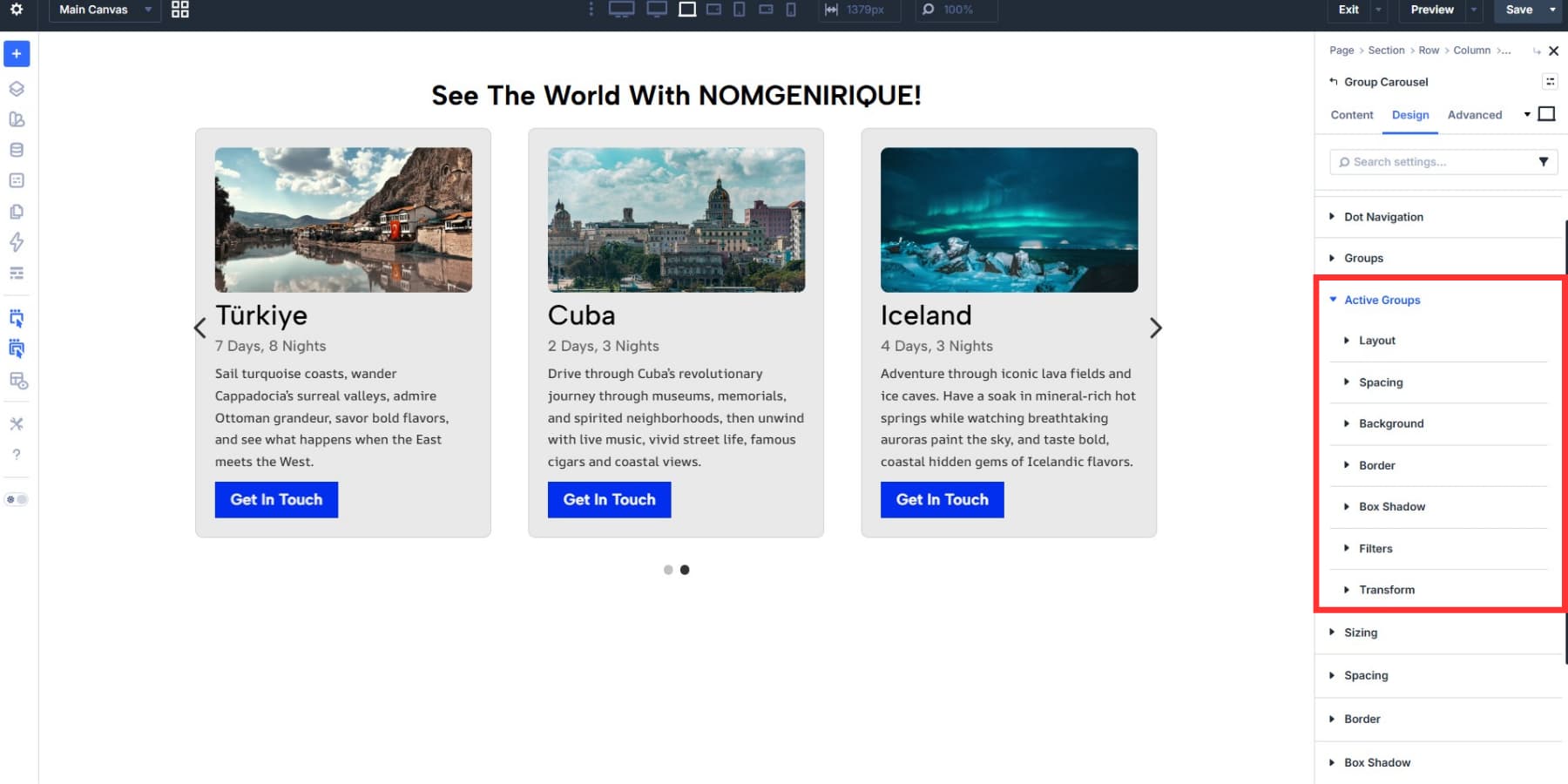 A screenshot of the styling options for Active Groups under Group Carousel settings