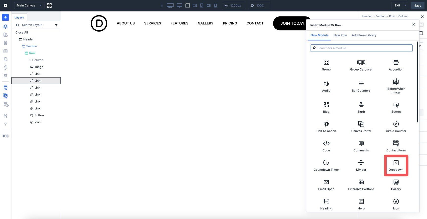 dropdown module in Divi 5