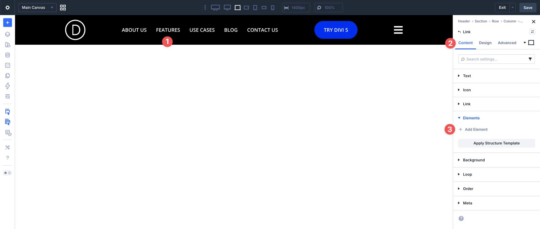 Add a new element inside the Link module in Divi 5
