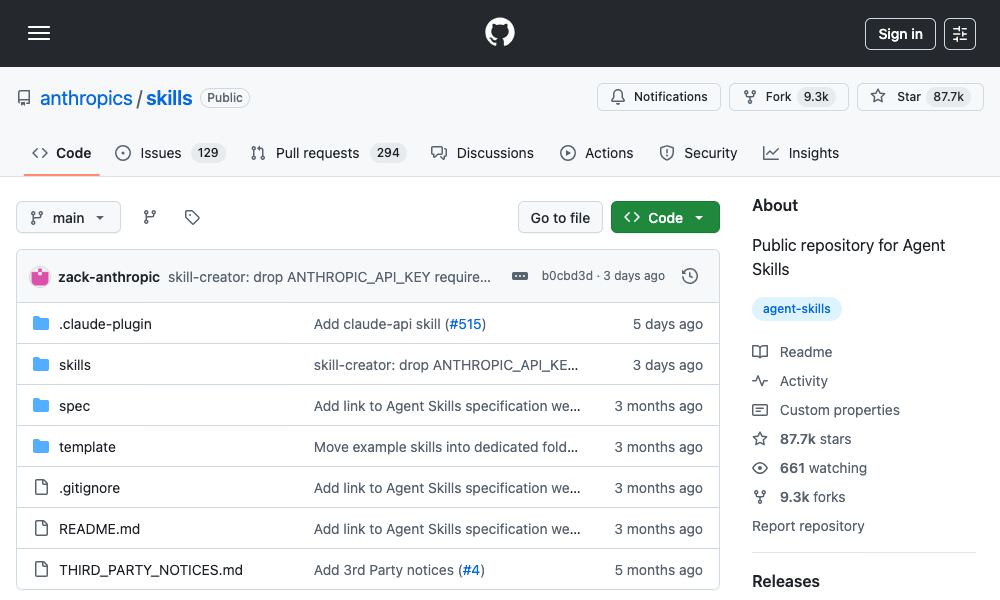 Anthropic Skills repository homepage