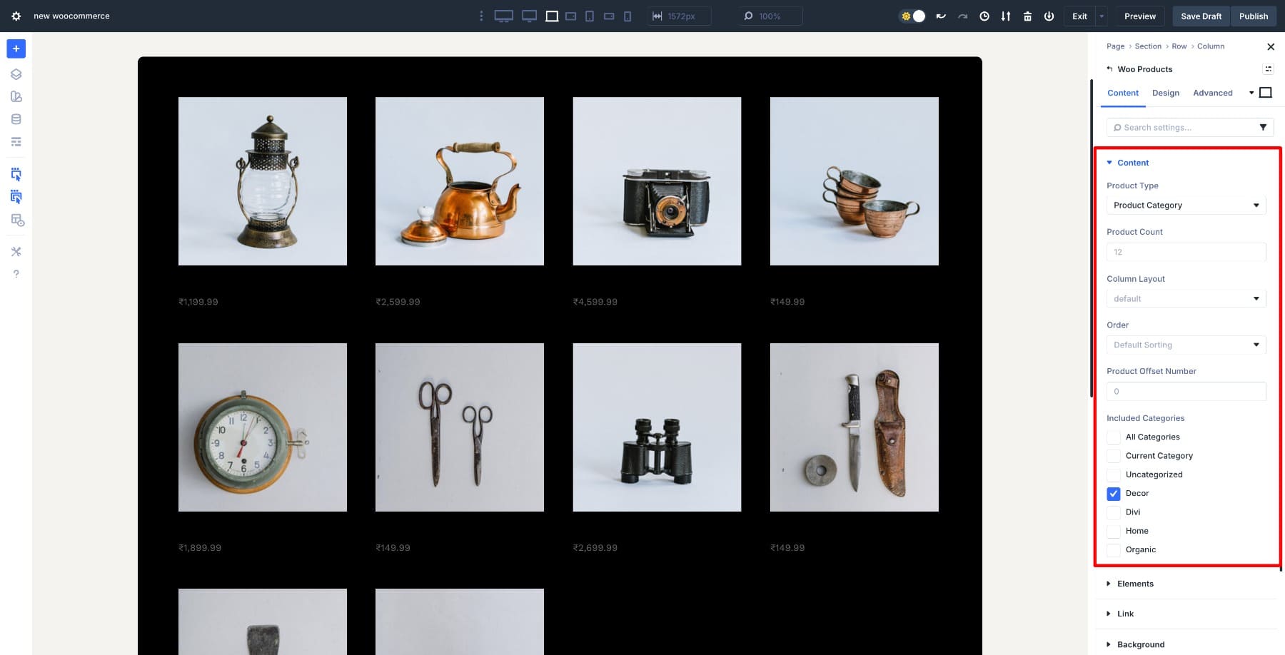 Choose product category in Woo Products module