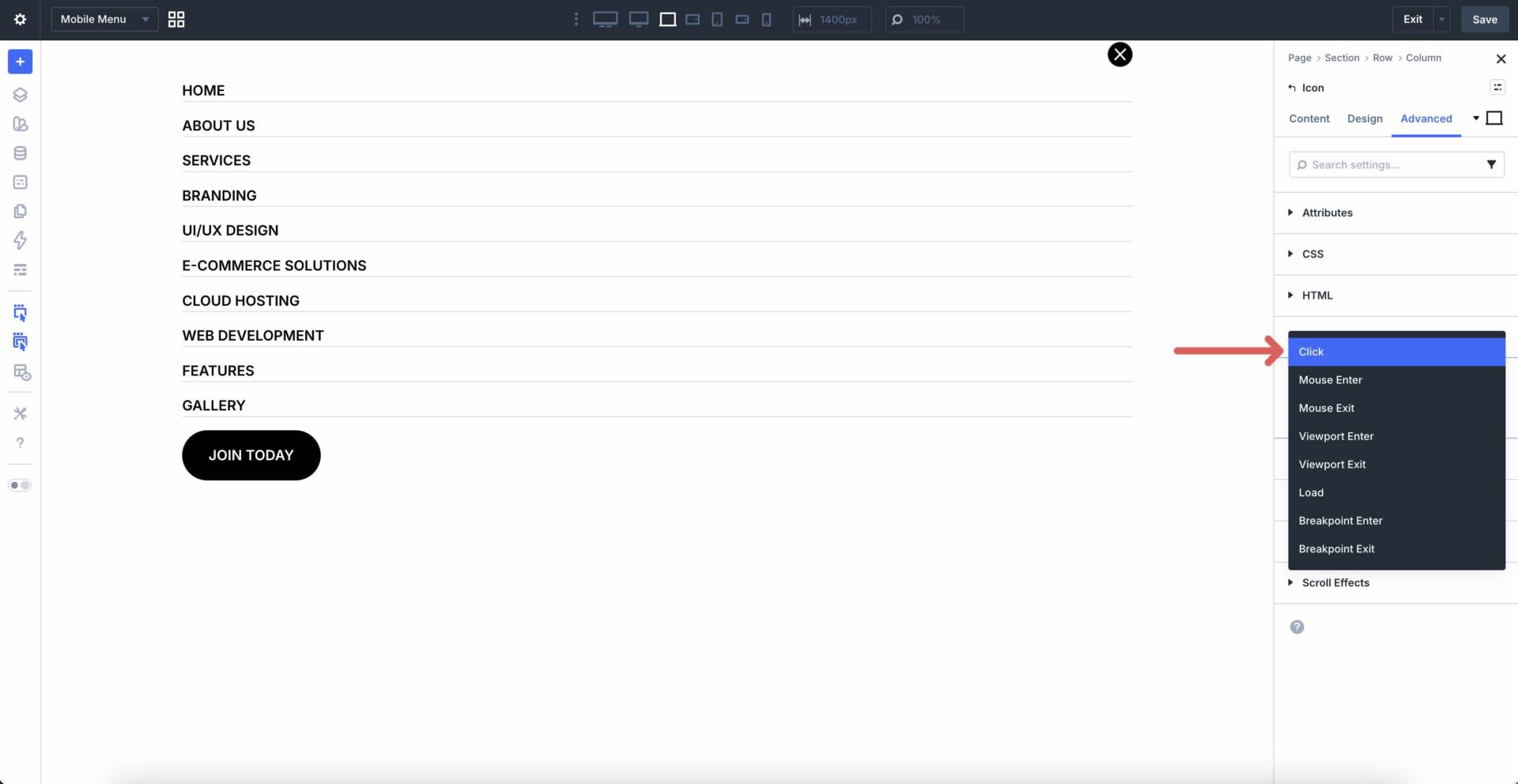 creating a click interaction in Divi 5