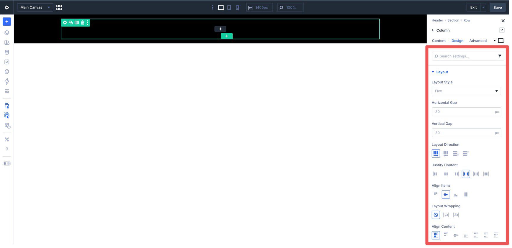 Header column layout settings in Divi 5