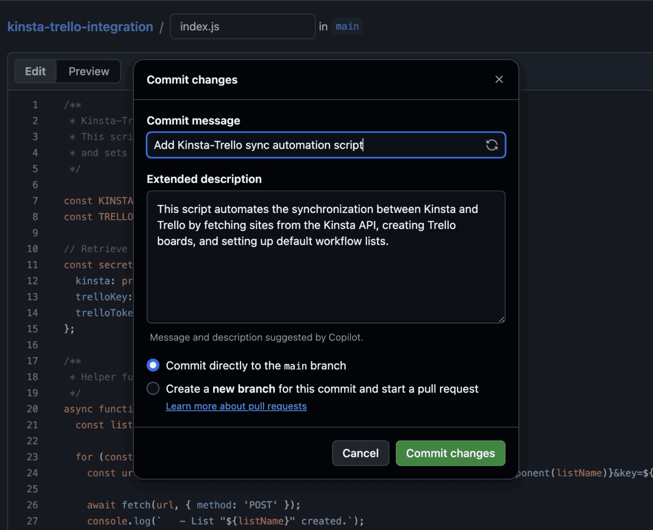 Commit changes in GitHub.