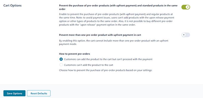 Configure pre-order cart options in YITH