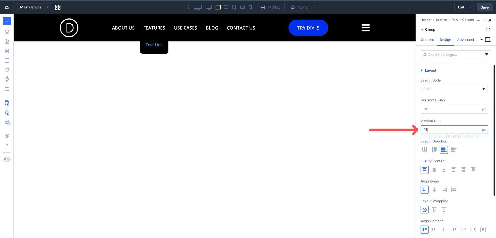 Vertical gap settings for a group inside a dropdown in Divi 5