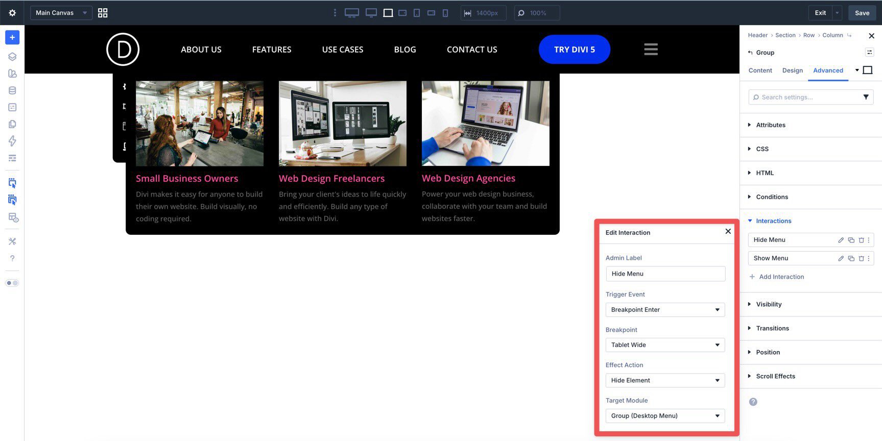 Hide desktop navigation on tablet and below in Divi 5