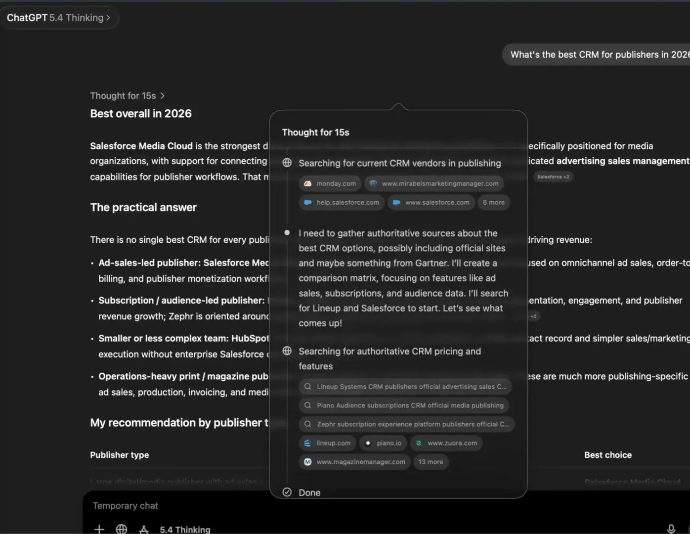 chatgpt thinking mode expanded view showing query fan-out process breaking one prompt into multiple search queries