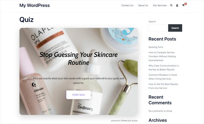 Thrive Quiz Builder's product quiz on a live site