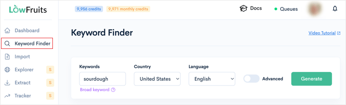 Enter seed keyword in LowFruits' Keyword Finder tool
