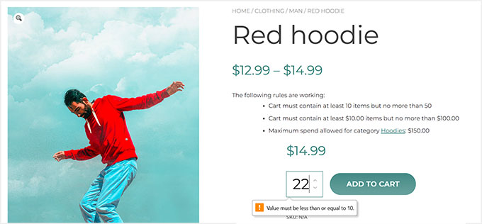 Preview of minimum and maximum quantity of a product set with YITH