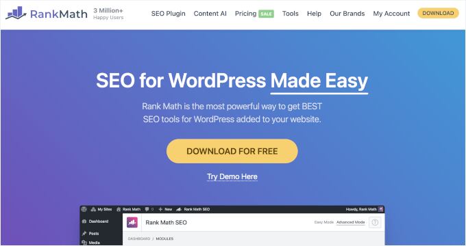 Rank Math's homepage