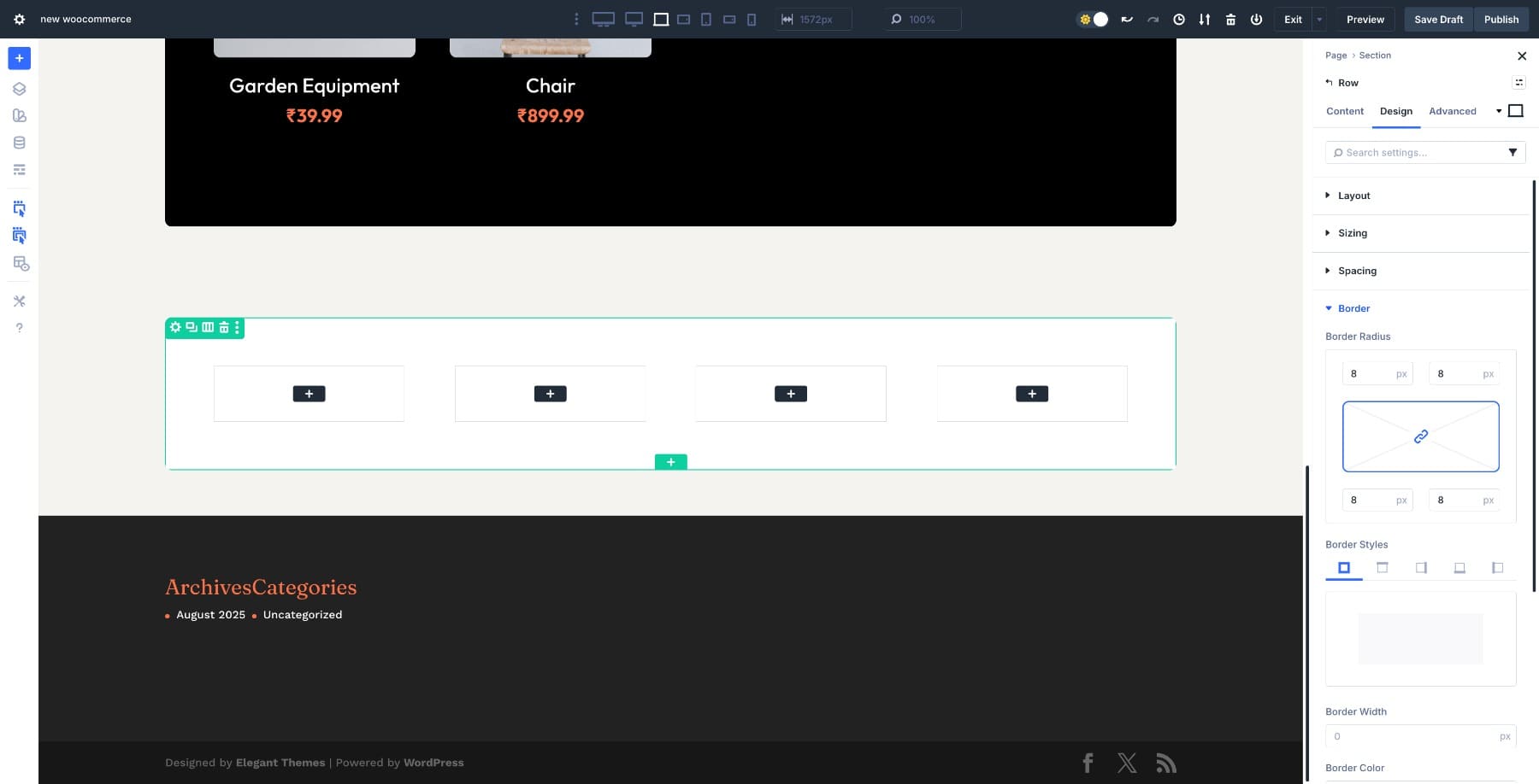 Add four-column row in Divi 5