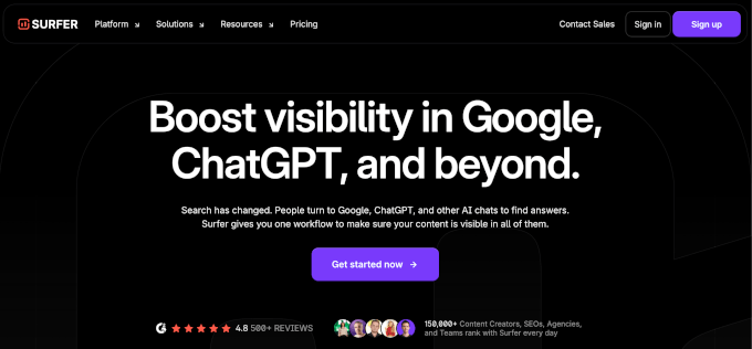 Surfer SEO's homepage