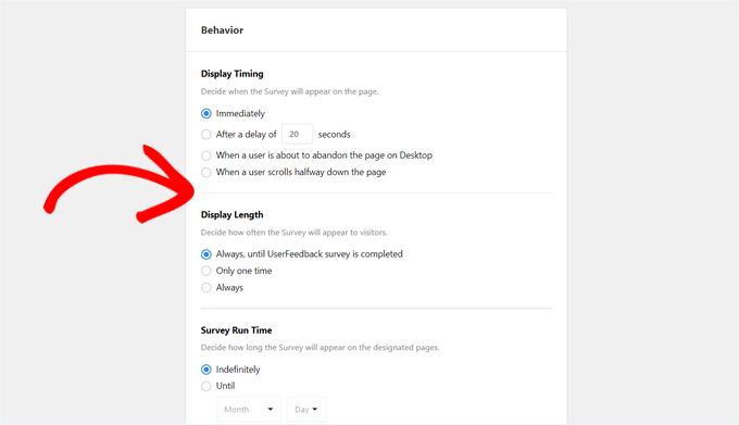 UserFeedback survey behavior settings
