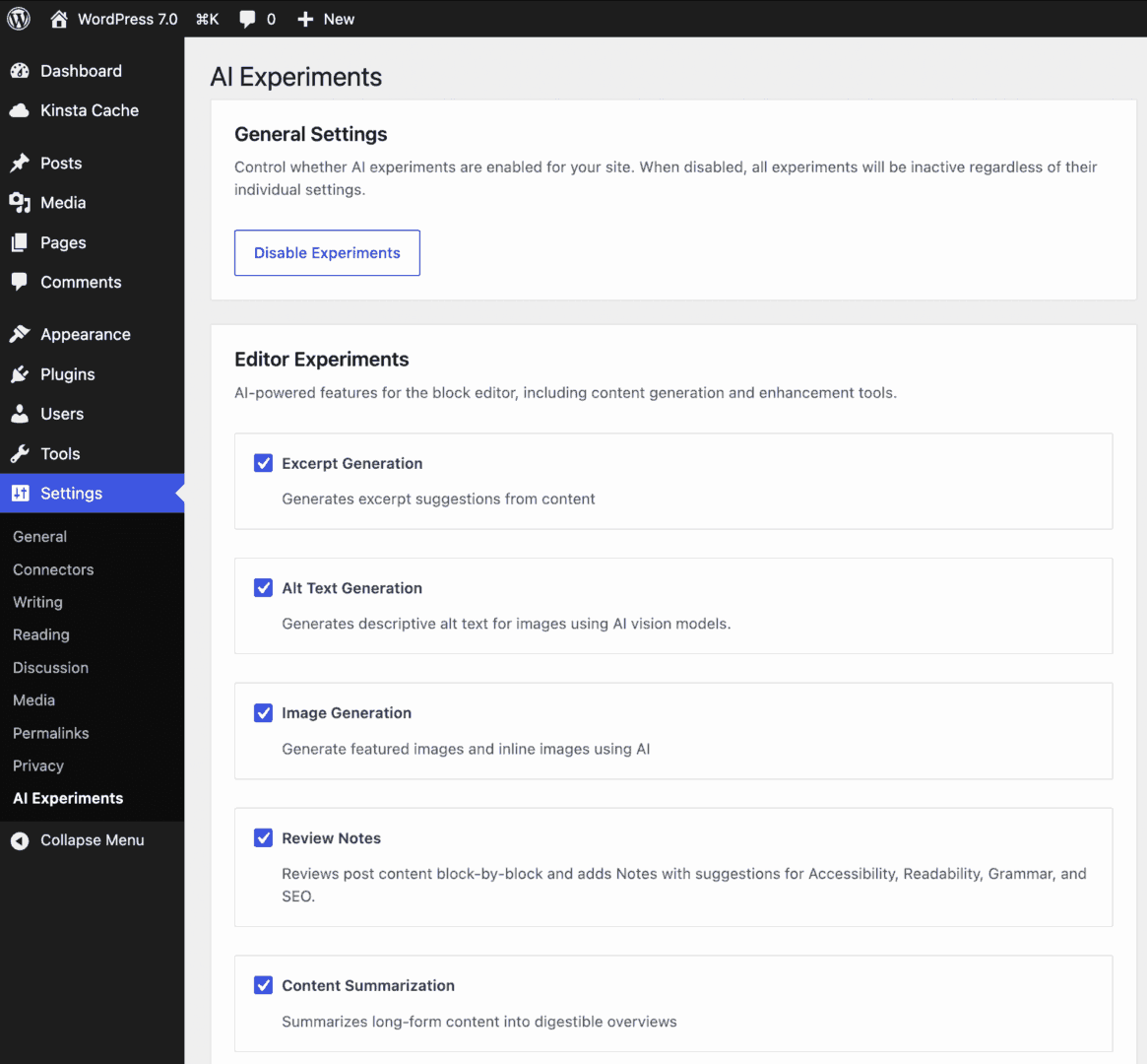 AI Experiments plugin settings