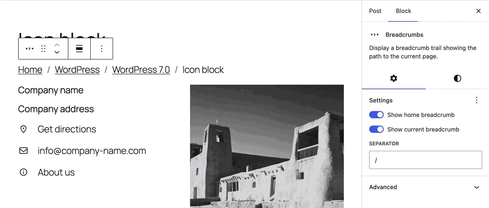 The Breadcrumbs block displays the post's category hierarchy.
