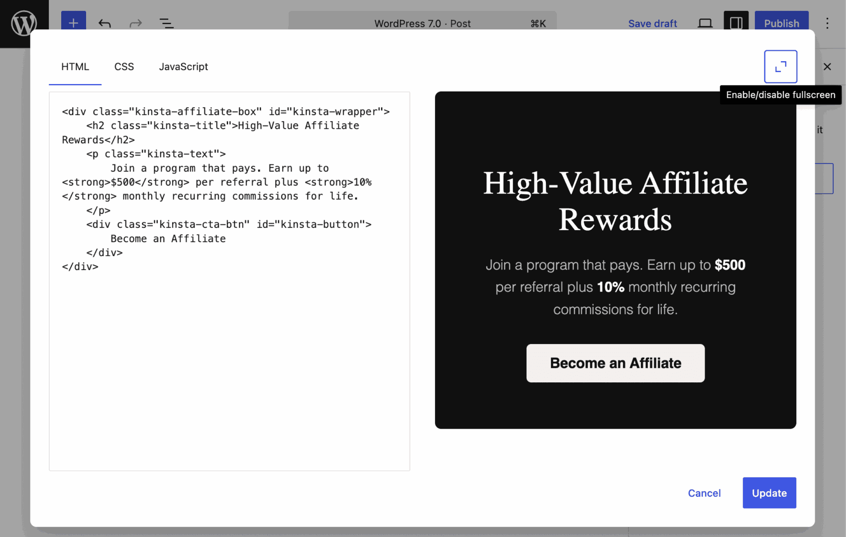 The HTML block's modal in full-screen mode.