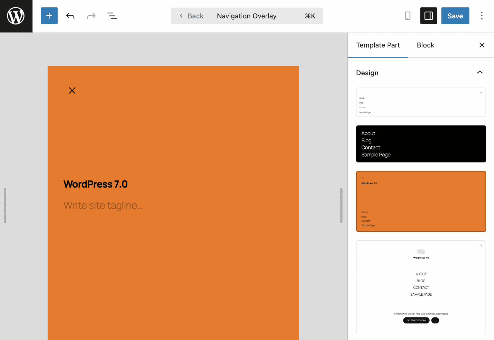 The Designs section of the Template Part sidebar provides a set of pre-built patterns.