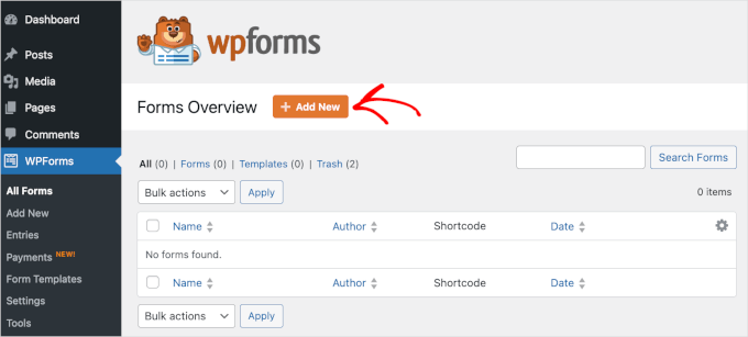 The + Add New button on WPForms' Forms Overview
