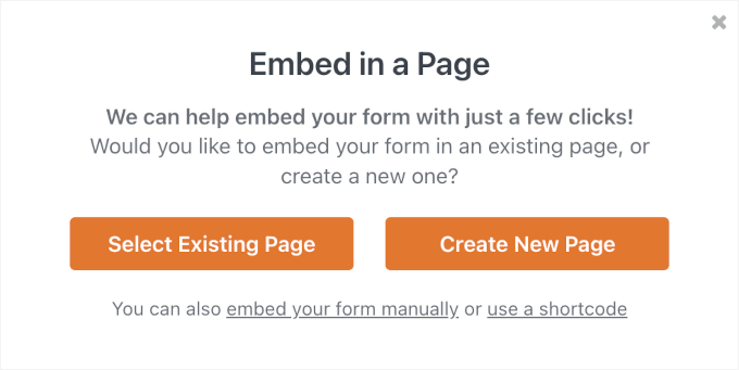 The Embed in a Page popup