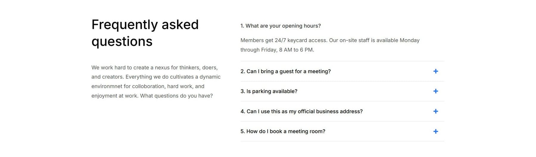 FAQ section of the Divi 5 coworking homepage