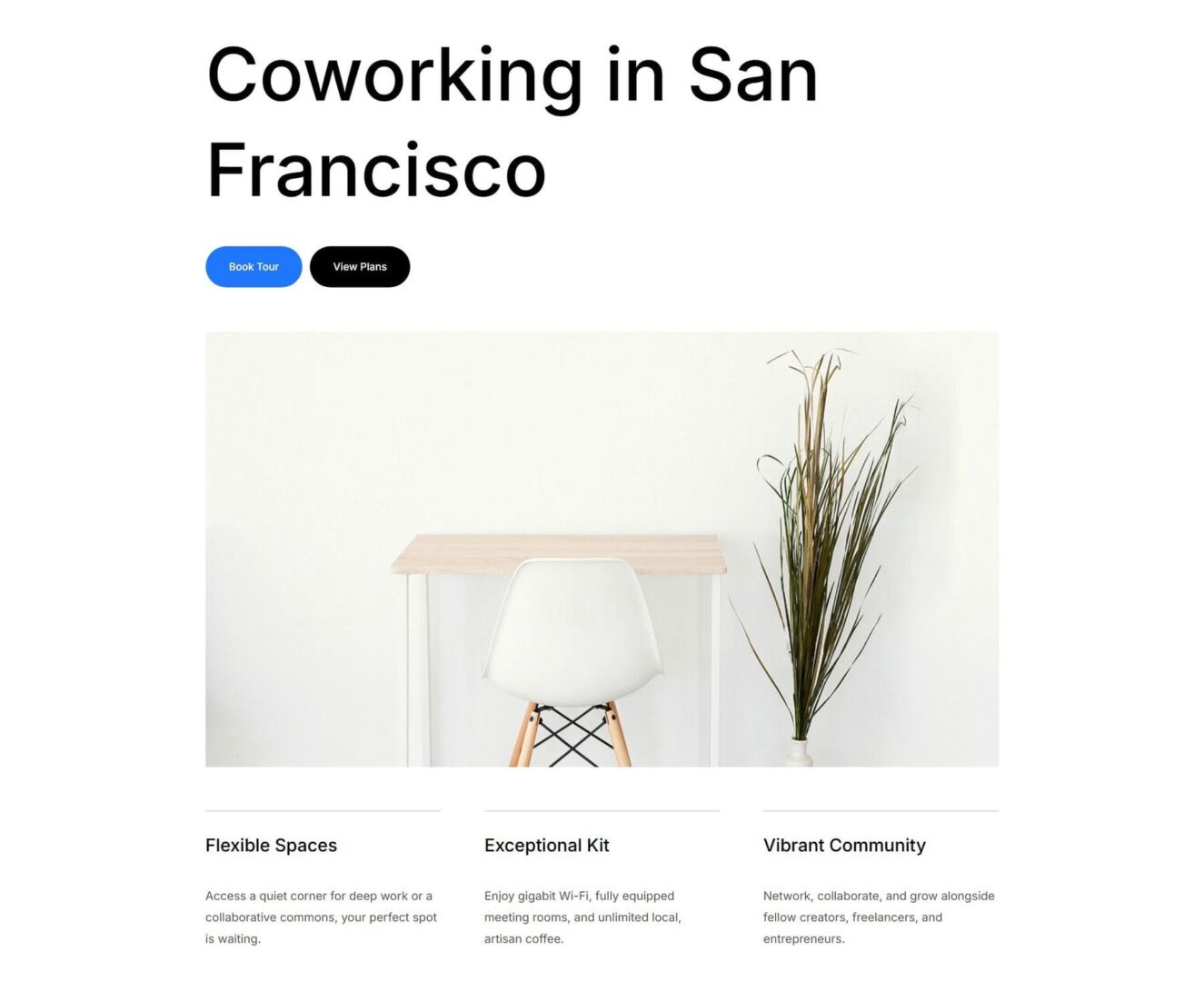 Hero section of the Divi 5 coworking homepage