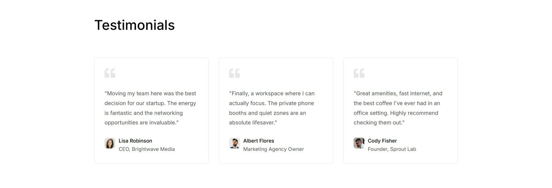 Testimonials section of the Divi 5 coworking homepage