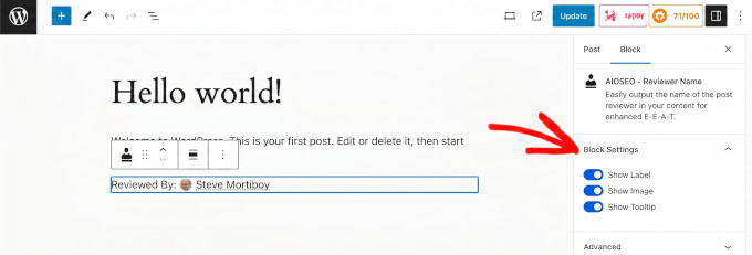 Reviewer name in block editor