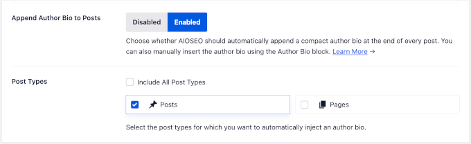 Enabling appending author bio to blog posts