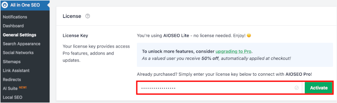 Verifying AIOSEO's license key
