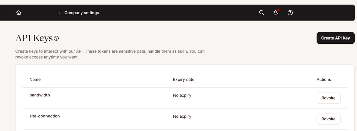The MyKinsta dashboard showing the API Keys screen that includes two existing API keys, along with a button to create a new one.
