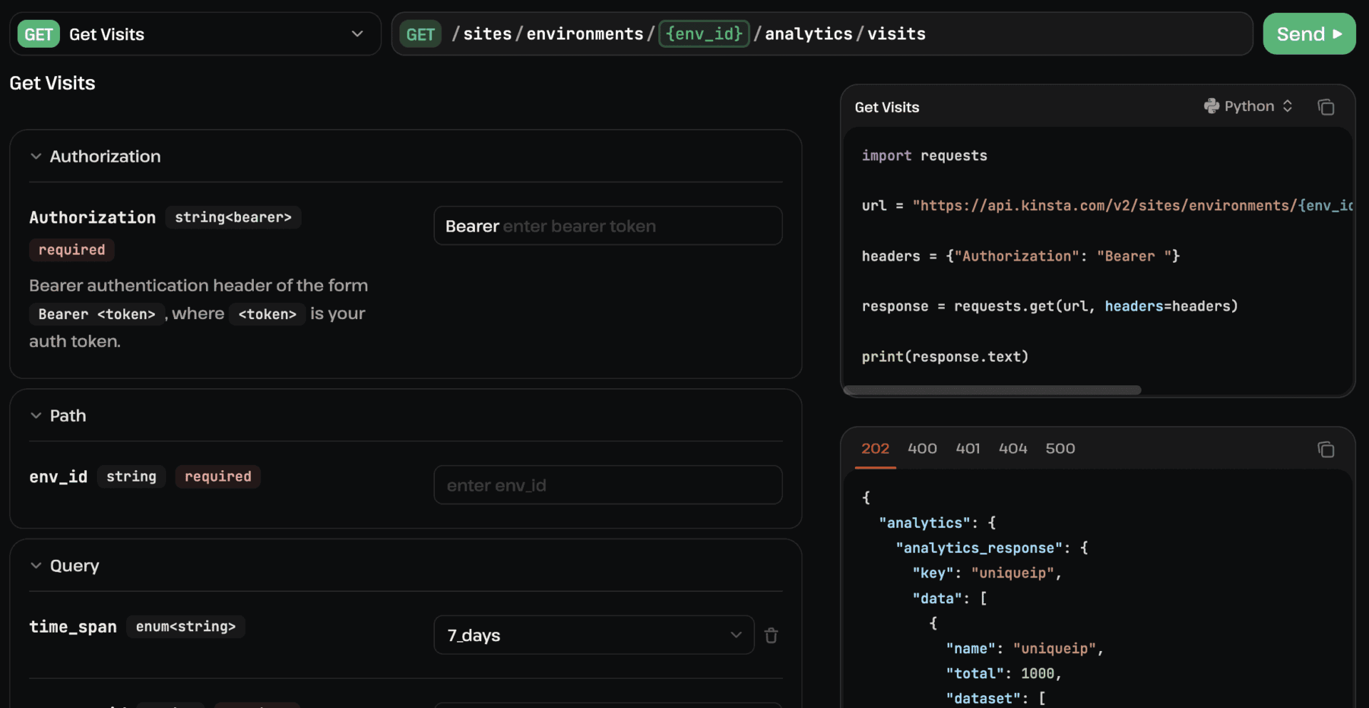 Test the Kinsta API in the API playground.