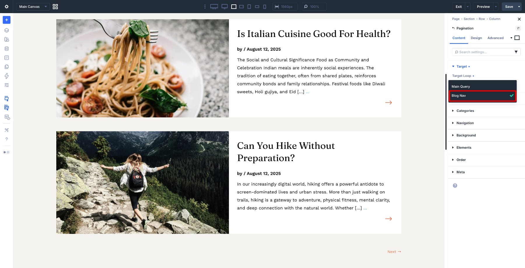 Target Loop set to Blog Nav in Divi 5 Pagination module