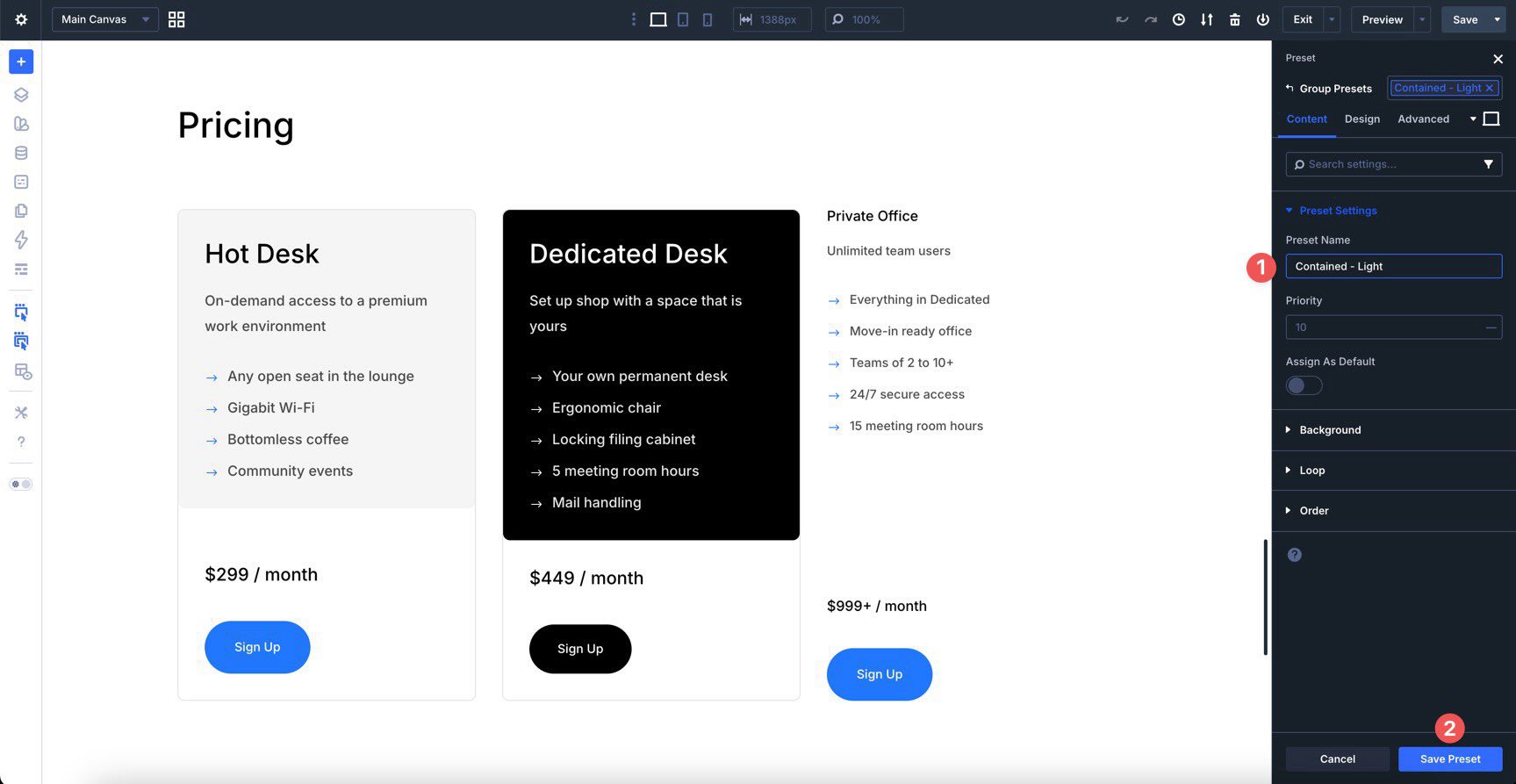 Contained Light Group Element Preset in Divi 5