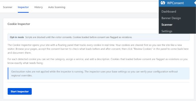 Cookie inspector in WPConsent