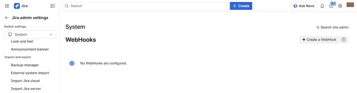 The Jira Cloud administration panel showing the WebHooks section with a Create a WebHook button in the top right.