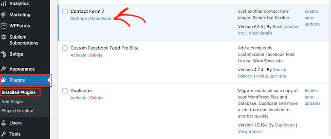 How to deactivate the Contact Form 7 WordPress plugin 