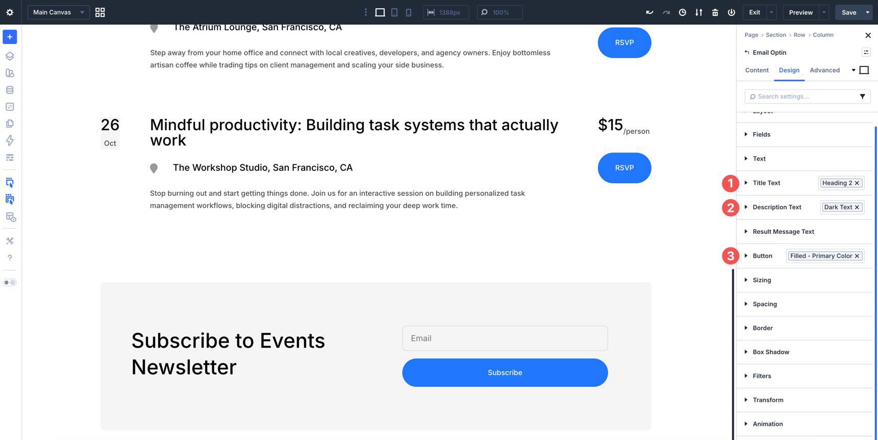 Email Opt-In module with nested Option Group Presets
